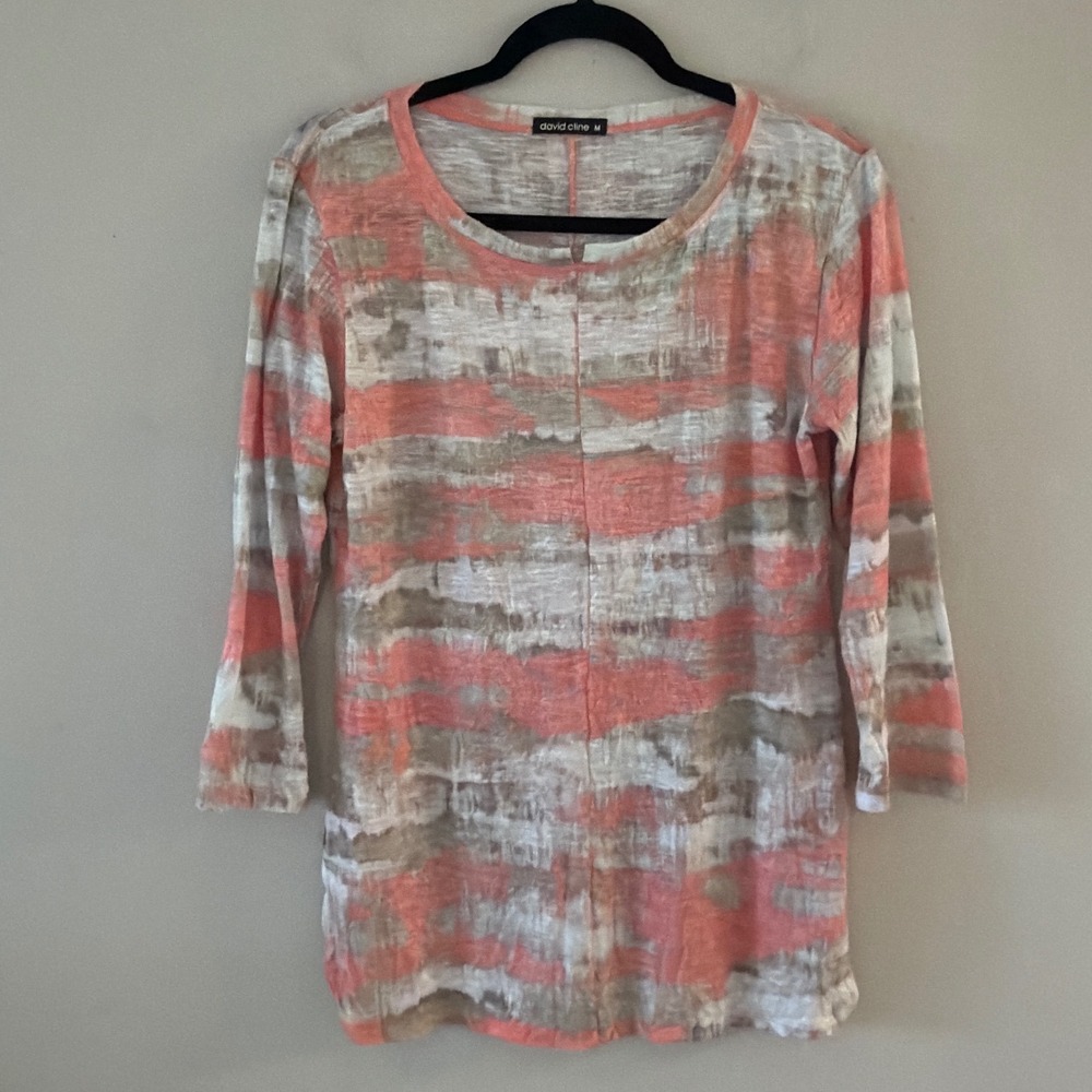David Cline Women Medium Coral Abstract Stripe Crushed Texture 3/4 Sleeve Top